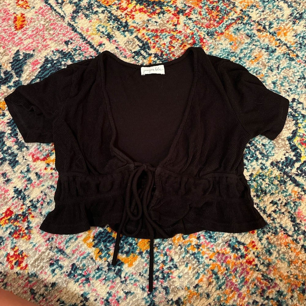 Black Tie Front Crop Blouse